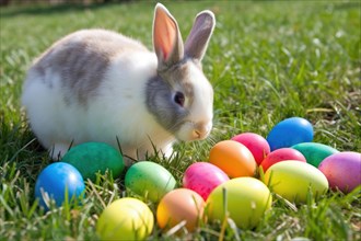 A cute Easter bunny in front of colourful Easter eggs in a green spring meadow