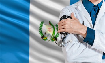 Doctor with stethoscope on guatemala flag. Health and care with the flag of Guatemala. Guatemala national health concept