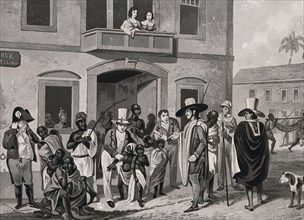Small children being sold as slaves to men in cloaks and broad hats