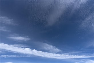 Contrails and cloud formations in the blue sky