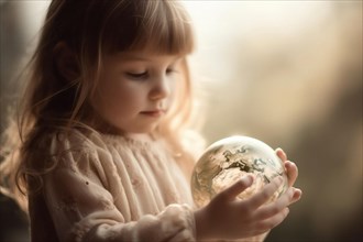 A little girl gazes lovingly at a globe in her hands