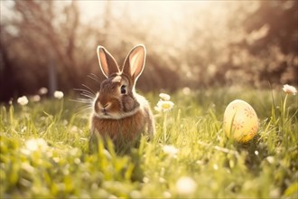 A cute Easter bunny next to an Easter egg in a green spring meadow