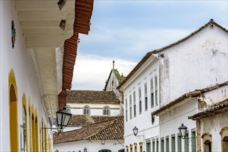 Detail of the facades of old colonial style houses in the historic city of Paraty in Rio de Janeiro