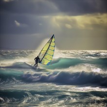Windsurfer in stormy sea and wind