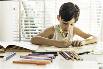 A young child doing his homework at home. the image conveys a positive and optimistic message about the learning process and children's creative development