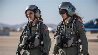 Two proud young adult female air force fighter pilots in front of their F-16 combat aircraft on the tarmac