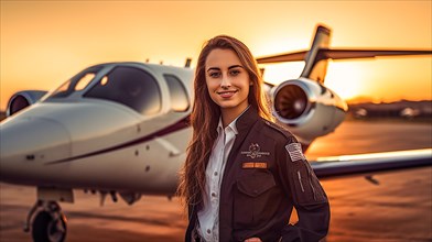 Proud young adult female airline pilot in front of her private executive jet on the tarmac