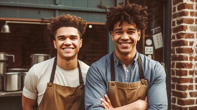 Proud young adult male partners at the entrance of their new bakery shop in europe