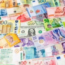 Money banknotes euro dollar currencies finances on travel background pay pay square banknotes in Stuttgart