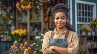 Proud young adult multi-ethnic female at the entrance of her quaint flower shop in europe