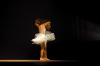 Young dancer with motion blurred during presentation of modern dance show