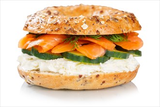 Bagel roll topped with salmon fish sandwich for breakfast set against a white background in Stuttgart