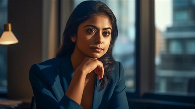 Contemplative successful young adult Indian executive businesswoman in her office
