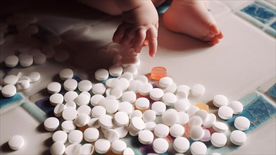 A young toddler has found some prescription pills at home
