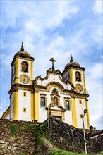 Historic baroque church seen from below in the city of Ouro Preto in Minas Gerais