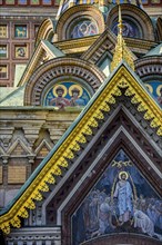 Details of the facade and frescoes of the famous and colorful church of the Saviour on Spilled Blood in Saint Petersburg