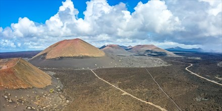 Volcanoes in Timanfaya National Park in the Canary Islands Panorama Aerial View on the Island of Lanzarote