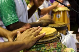 Drums called atabaque in Brazil being played during a ceremony typical of Umbanda