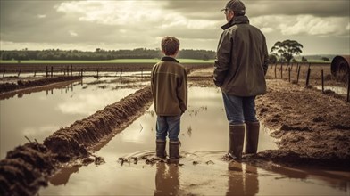 Distressed farming father and son look over their flooded farmland