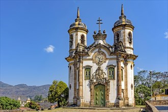Facade of historic church in baroque style in the city of Ouro Preto in Minas Gerais
