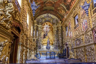 Interior and altar of a brazilian historic ancient church from the 18th century in baroque architecture with details of the walls in gold leaf in the city of rio de Janeiro