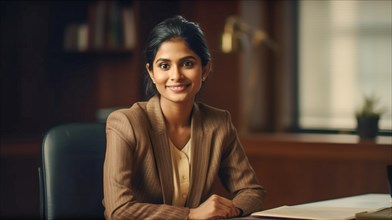 Smiling successful young adult Indian executive businesswoman in her office