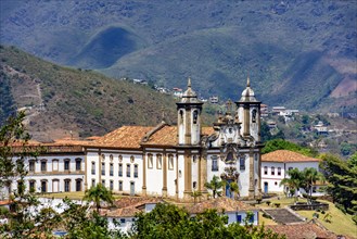 View of historic 18th century church in colonial architecture in the city of Ouro Preto in Minas Gerais