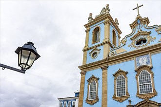 Partial facade of beautiful historic baroque church used by slaves in Pelourinho neighborhood in Salvador city