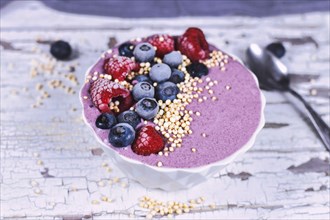 Healthy yogurt and fruit smoothie bowl decorated with raspberry