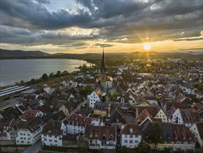 Aerial view of the town of Radolfzell on Lake Constance shortly in front of sunset