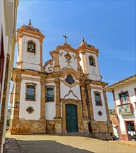 Facade of preserved historic 18th century church in colonial architecture in the city of Ouro Preto in Minas Gerais