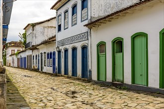 Facades of old colonial-style houses on the streets of the historic city of Paraty on the coast of Rio de Janeiro