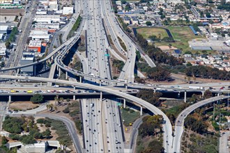 Aerial view of San Diego interchange and Century Freeway traffic in Los Angeles