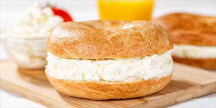 Bagel sandwich for breakfast topped with cream cheese close-up panorama in Stuttgart