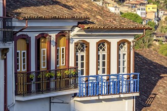 Old historic colonial houses in the city of Ouro Preto with its typical facades of historic cities in the interior of the state of Minas Gerais