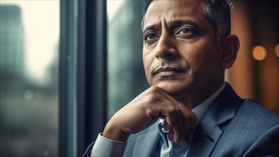 Contemplative successful middle-aged Indian executive businessman in his office
