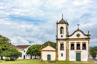 Beautiful facade of historic church in baroque style in the old town of Paraty on the coast of Rio de Janeiro
