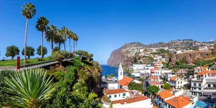 View of the town of Camara de Lobos with church Panorama on Madeira Island