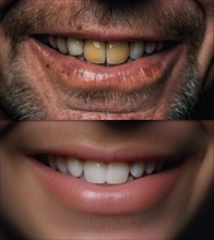 Middle-aged man showing his beautiful before and after teeth dental work and whitening smile