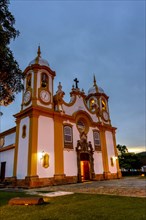 Historic 18th century church in the city of Tiradentes in Minas Gerais illuminated at night