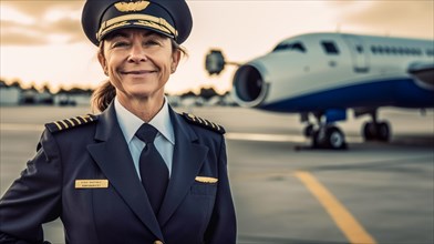 Proud middle-aged female airline pilot in her uniform in front of her passenger airplane on the tarmac