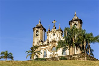 Ancient and historic church in 18th century colonial architecture on top of the hill in the city of Ouro Preto in Minas Gerais