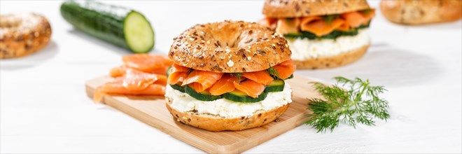 Bagel sandwich for breakfast topped with salmon fish Panorama in Stuttgart