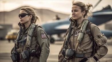 Two proud young adult female air force fighter pilots in front of their F-16 combat aircraft on the tarmac