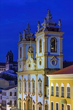 Pelourinho neighborhood in Salvador seen at night with its historic houses and churches illuminated