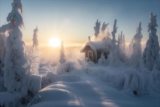 Log cabin in deep snowy polar boreal forest