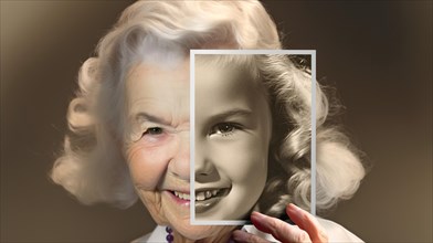 Elderly woman with wrinkled skin portrait holding A photo of herself as A young girl with perfect skin