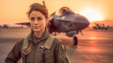 Proud young adult female air force fighter pilot in front of her lockheed martin F-35 lightning II combat aircraft on the tarmac