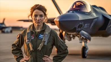 Proud young adult female air force fighter pilot in front of her lockheed martin F-35 lightning II combat aircraft on the tarmac