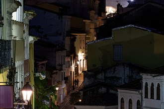 Streets and houses of the historic district of Pelourinho at night in the city of Salvador in Bahia